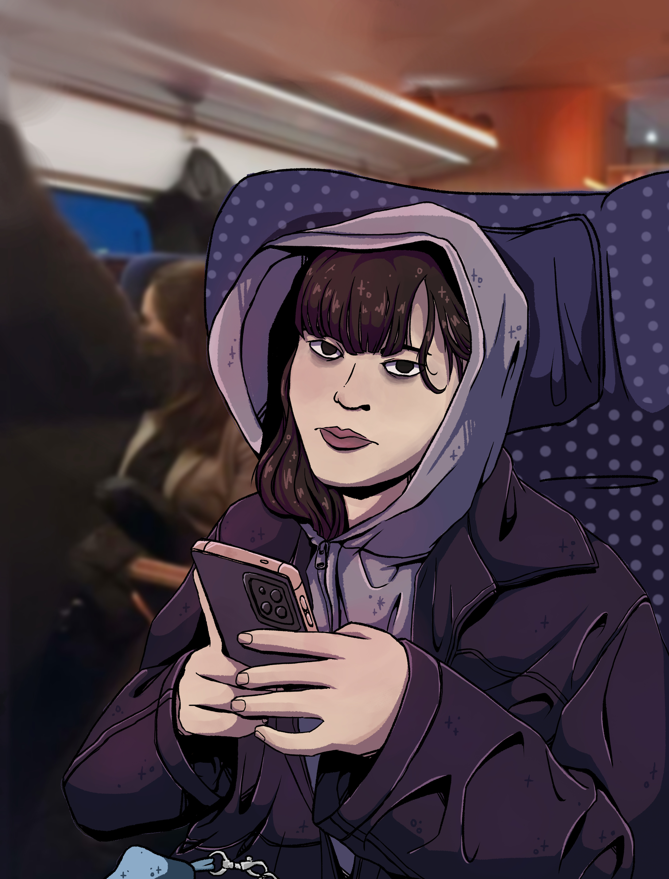 girl sitting in a train, hood up, looking annoyed