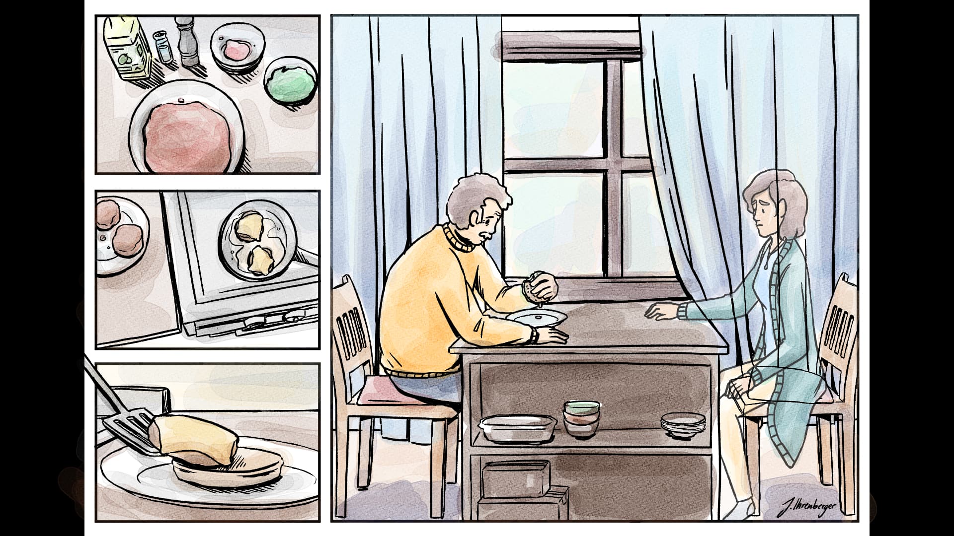 first page, jakob cooking and eating burgers