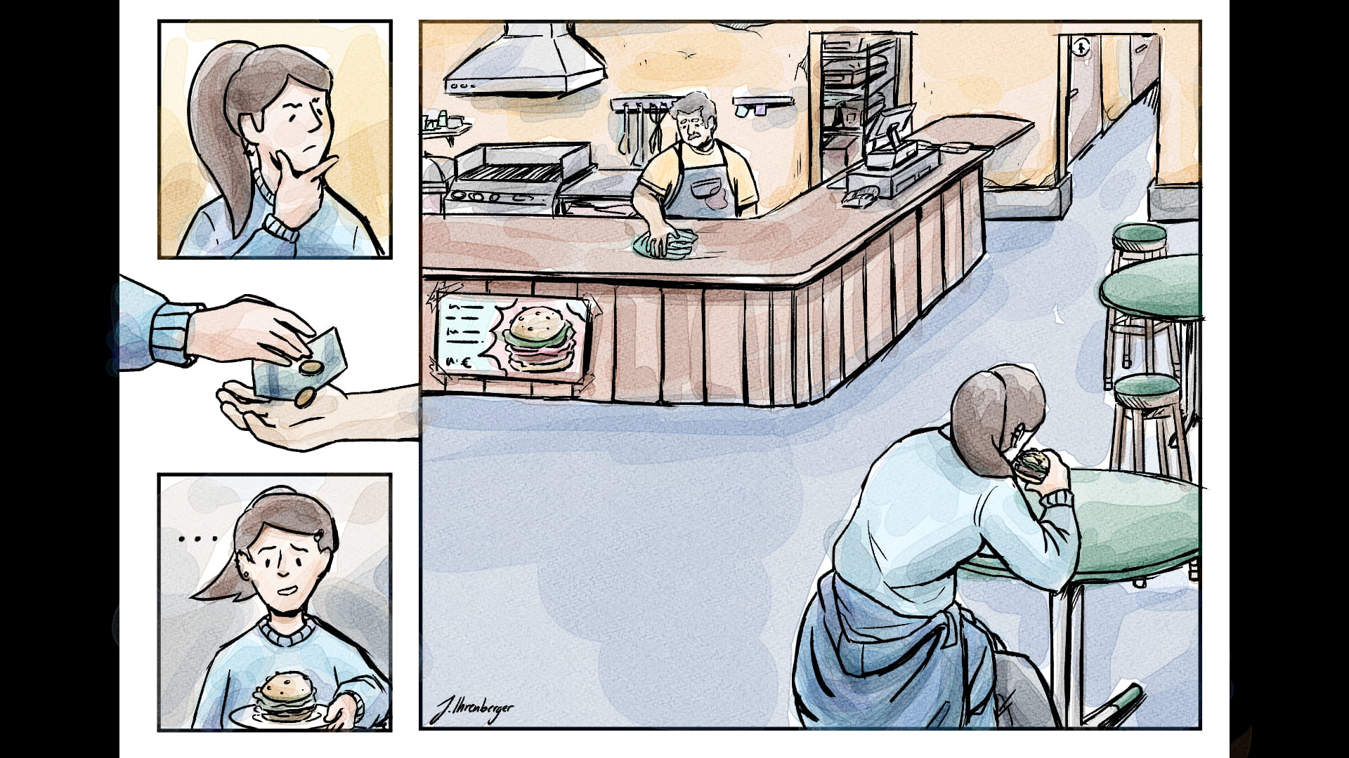 third page, empty burger restaurant