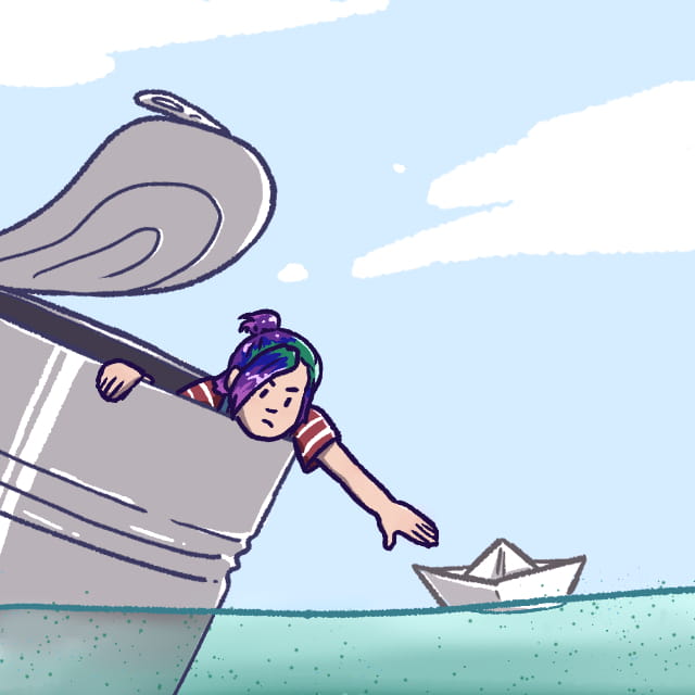 profile icon of small person in can reaching towards paper boat